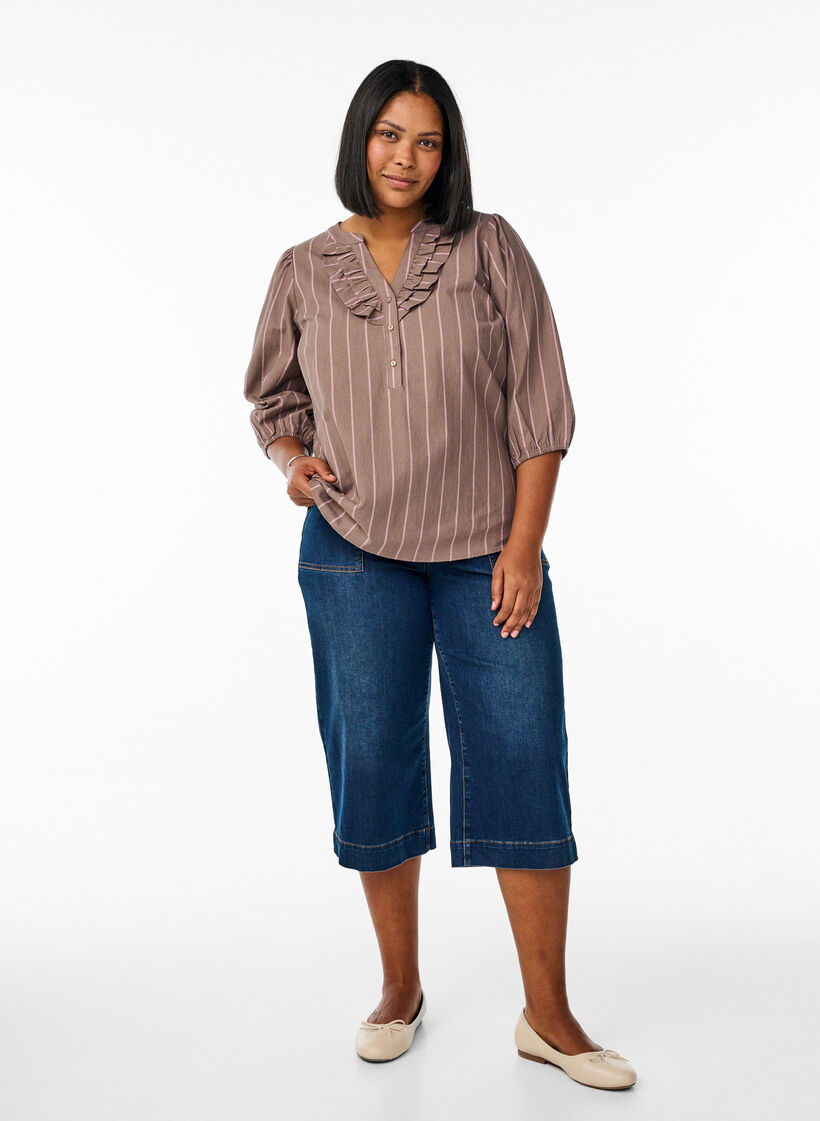Bluse med 3/4 ermer i bomull med striper, Brun, Model image number 1