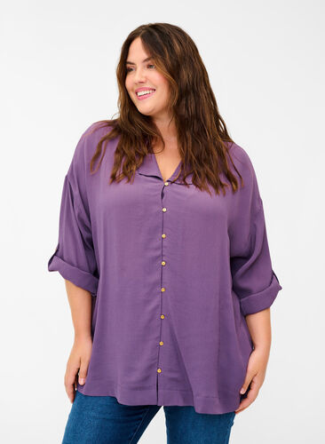 Viskoseskjorte med 3/4-ermer, Vintage Violet, Model image number 0