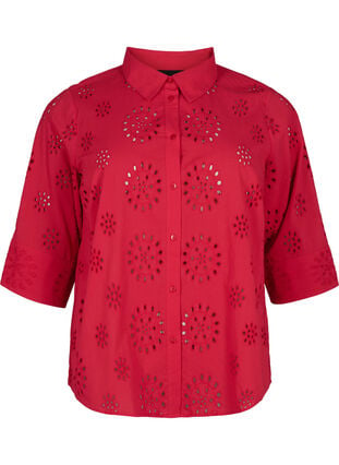 Skjortebluse med engelsk broderi og 3/4-ermer, Tango Red, Packshot image number 0