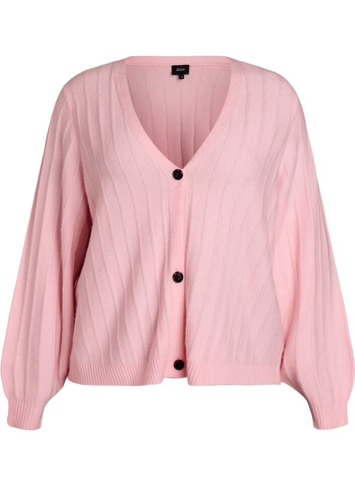 Cardigan med ribbet tekstur og ballongermer, Rosa, Packshot image number 0