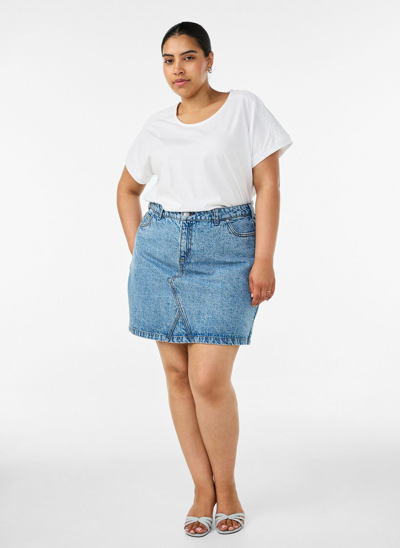 Bomulls-T-skjorte med hekledetalj, Hvit, Model image number 1