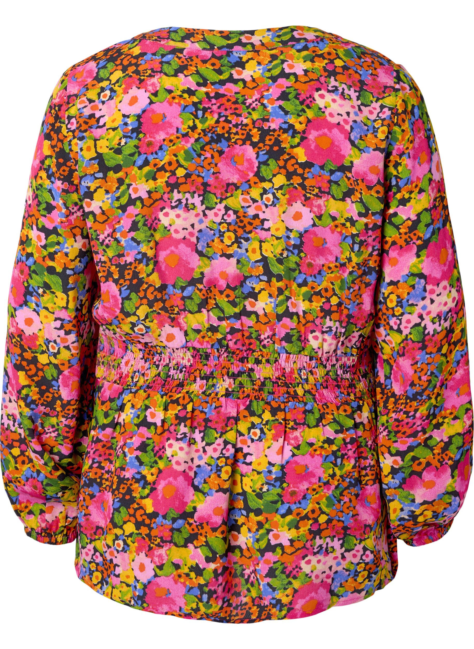 Zizzi Bluse i viskose med blomsterm&oslash;nster og smock, Neon Flower Print, Packshot image number 1