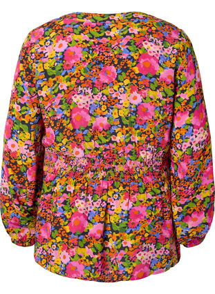 Bluse i viskose med blomstermønster og smock, Neon Flower Print, Packshot image number 1