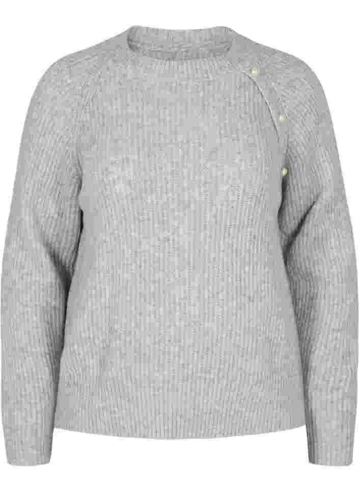 Melert strikkegenser med perleknapper, Light Grey Melange, Packshot image number 0