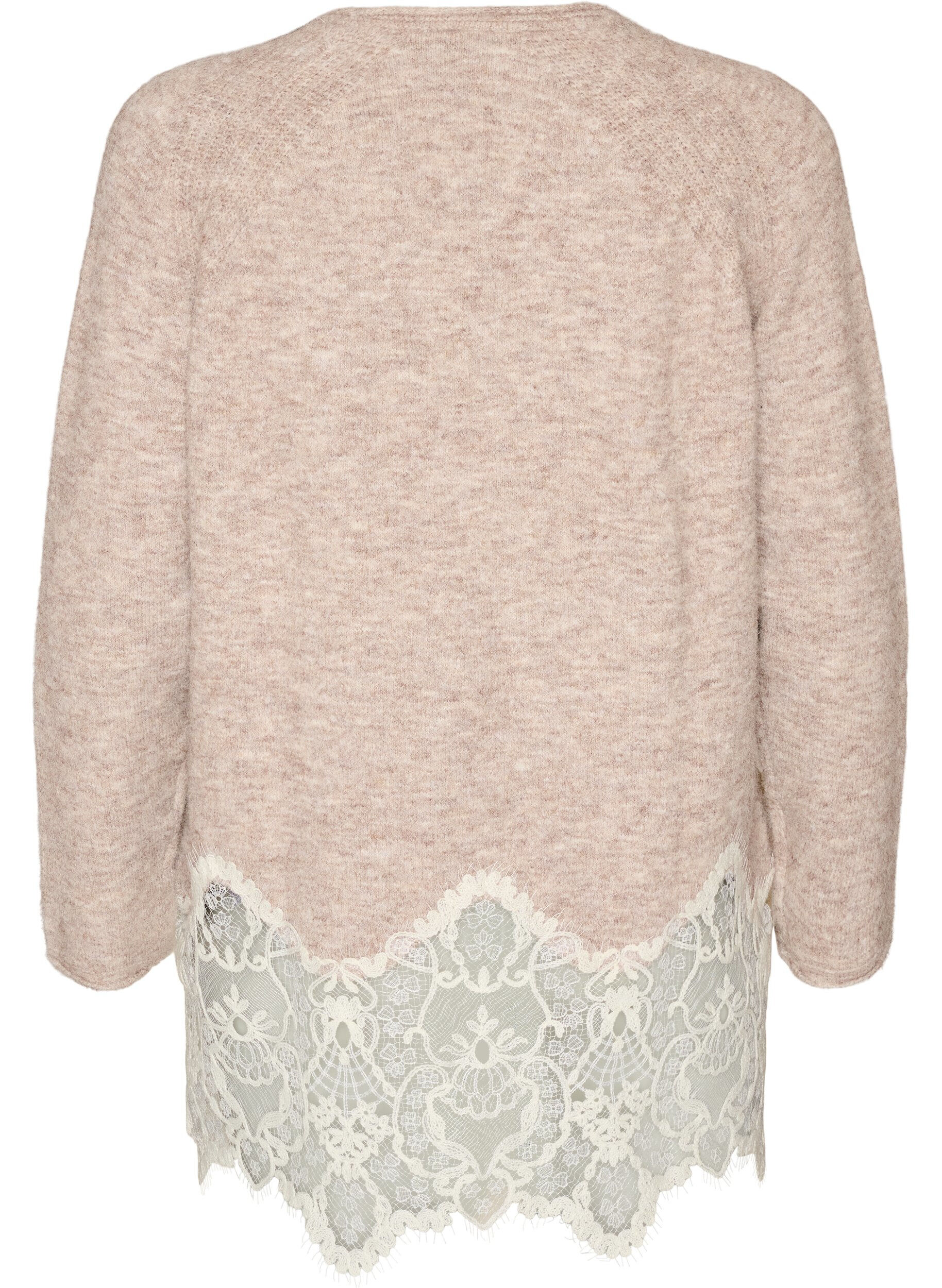 ZizziStrikkebluse med raglanermer og en bred blondedetalj, Beige, Packshot image number 1