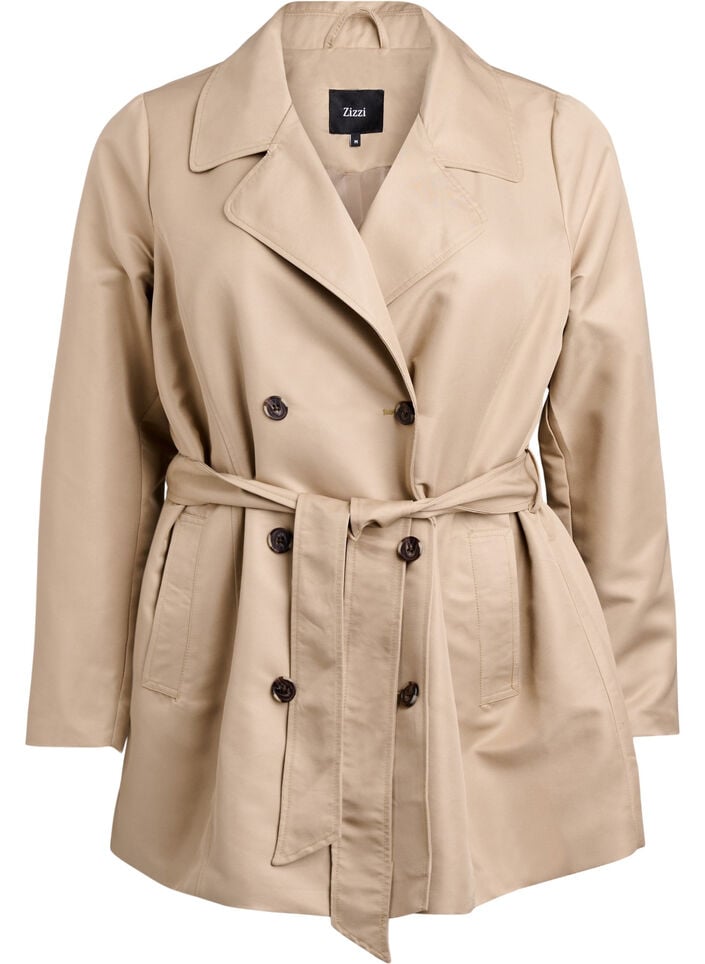 Kort trenchcoat med belte, Beige, Packshot image number 0