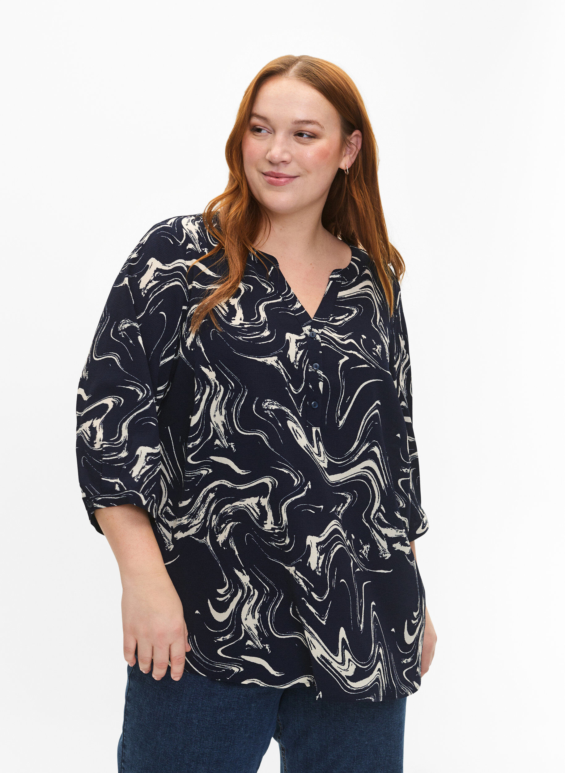 Zizzi Bluse med trykk og 3/4-ermer, N. Blazer Swirl AOP, Model image number 0