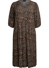 Midikjole med leopardmønster og 3/4 ermer, Brun Midikjole med leopardmønster og 3/4 ermer