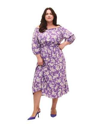 Blomstrete off-shoulder midi kjole i viskose, Purple Flower AOP, Model image number 2
