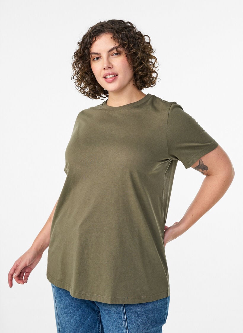 Basic T-skjorte i bomull med rund hals, Gr&oslash;nn, Model image number 0