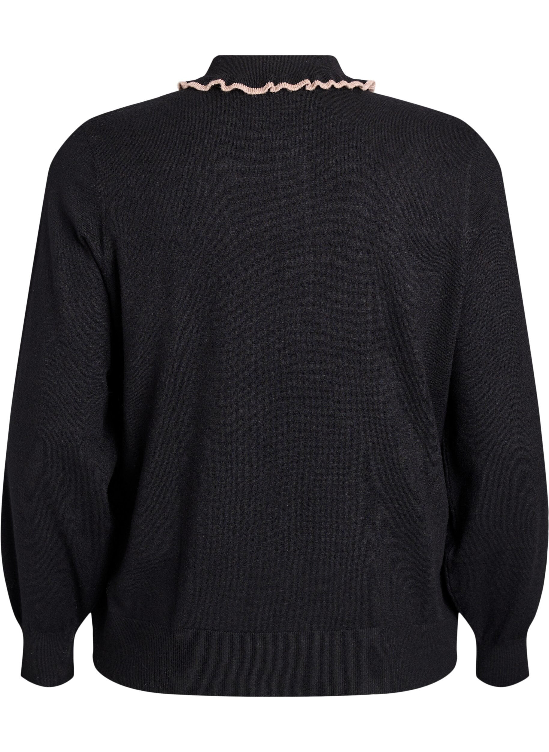 Zizzi Strikkebluse med kruset polokrage, Svart, Packshot image number 1