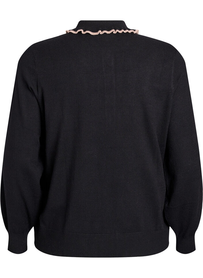 Strikkebluse med kruset polokrage, Svart, Packshot image number 1