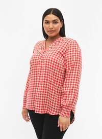 Bluse med vaffelsøm og v-utringning, Raspb. Houndsthooth, Model