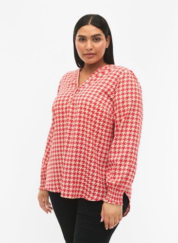 Bluse med vaffelsøm og v-utringning, Raspb. Houndsthooth, Model image number 0