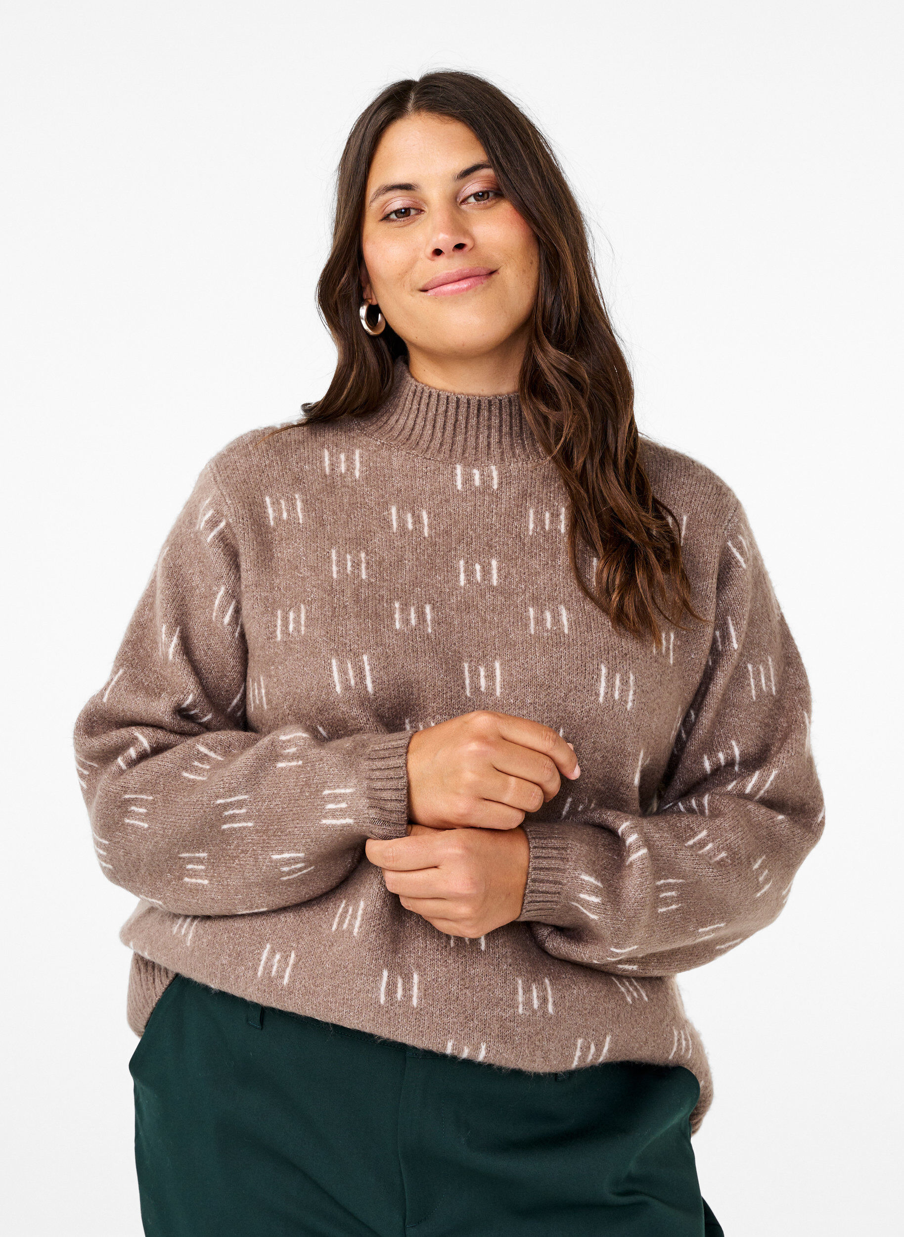 Zizzi Strikket bluse med m&oslash;nster og h&oslash;y hals, Walnut Mel. Comb, Model image number 0
