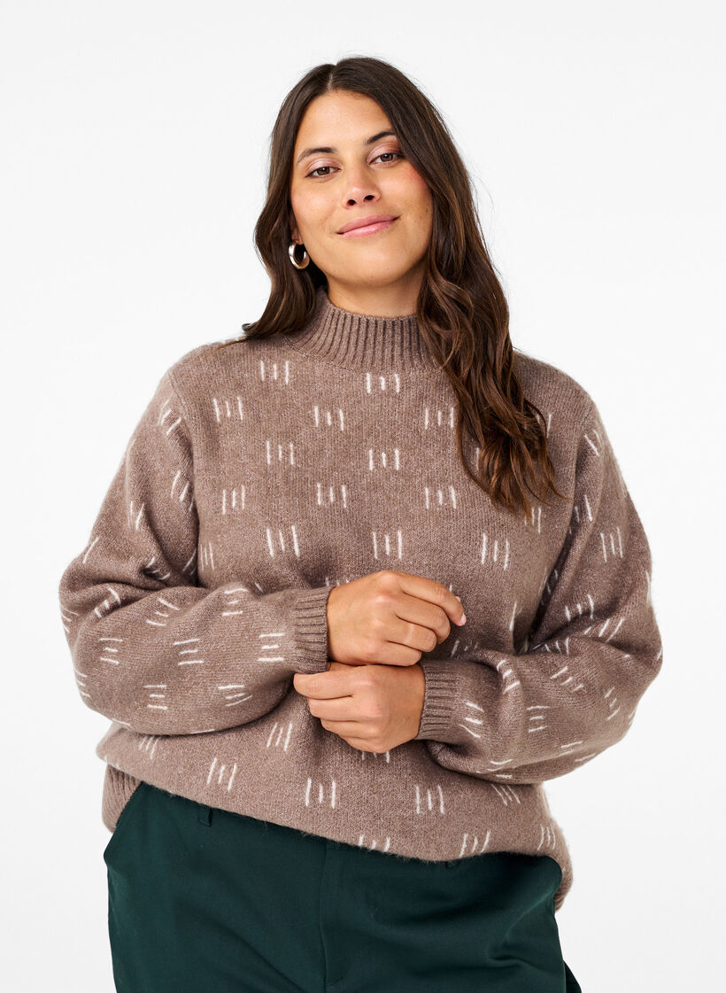 Strikket bluse med mønster og høy hals, Walnut Mel. Comb, Model image number 0