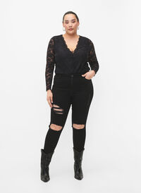Tettsittende jeans med detaljer, Black, Model