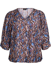 Bluse med V-hals og 3/4-ermer, Blå Bluse med V-hals og 3/4-ermer