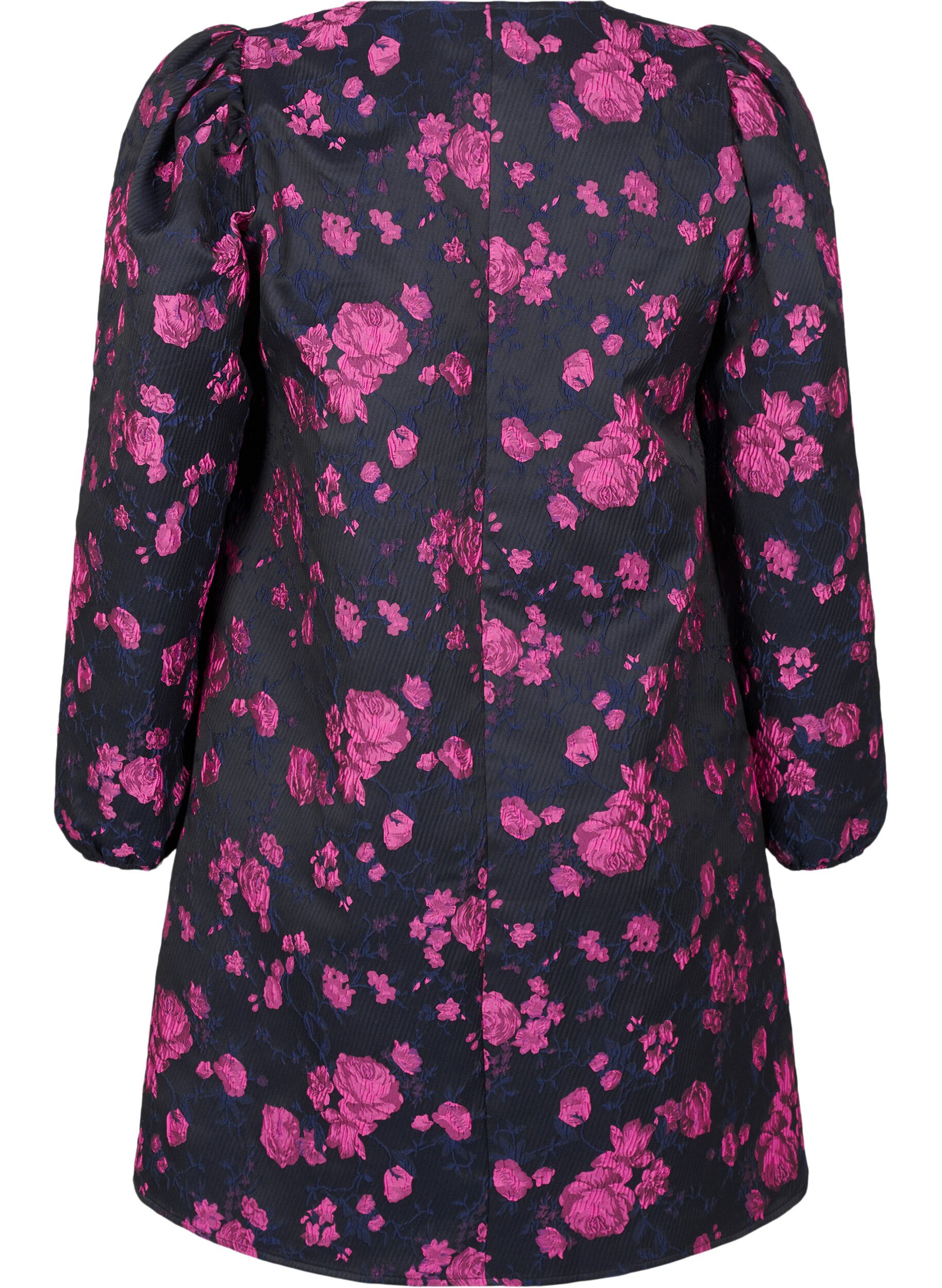 Zizzi Kort jacquard kjole med lange ermer, Black w. Red Rose, Packshot image number 1