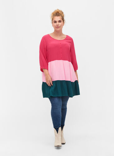 Viskosetunika med colorblock, Rose Green Block, Model image number 2