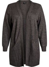 FLASH - Lang ribbestrikket cardigan med lommer, Grå FLASH - Lang ribbestrikket cardigan med lommer