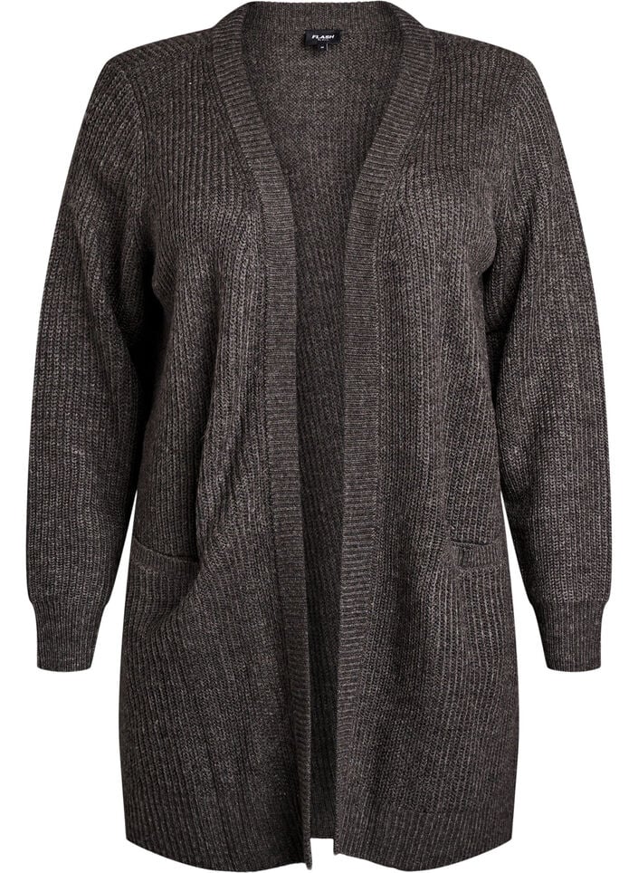 FLASH - Lang ribbestrikket cardigan med lommer, Grå, Packshot image number 0