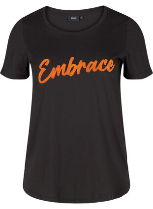 Kortermet T-skjorte i bomull med trykk, Black Embrace, Packshot image number 0