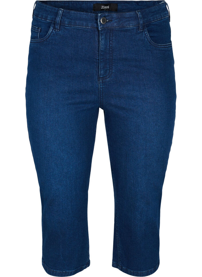 Tettsittende capribukser i denim og bomull, Dark blue denim, Packshot image number 0