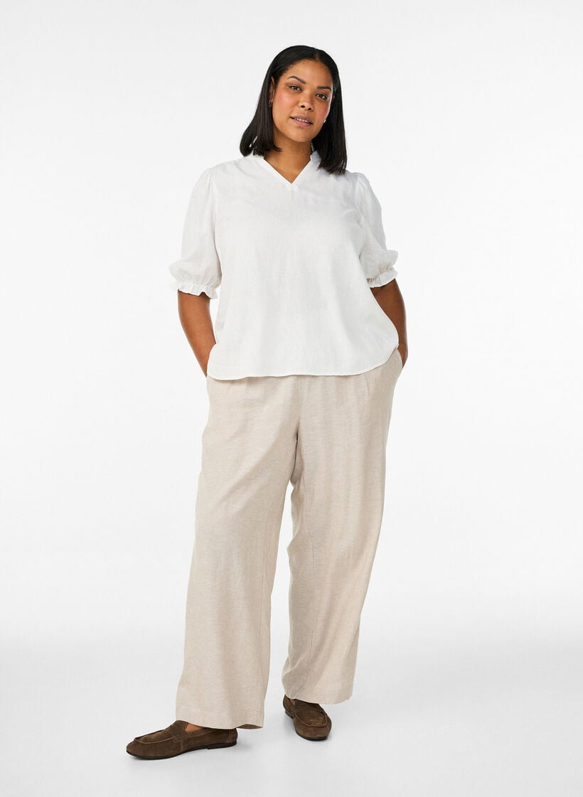 Bluse i lin og viskose med 1/2 ermer, Hvit, Model image number 1