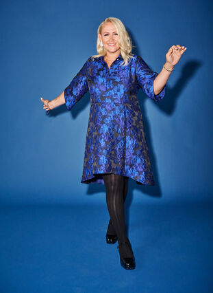 Zizzi Kort jacquard-kjole med 3/4-ermer, Black Blue, Image image number 0