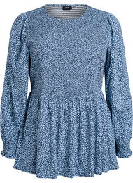 Bluse med smocket topp og blomstertrykk, Bl&aring;