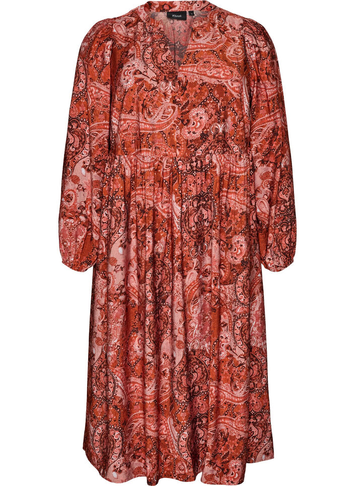 Midikjole i viskose med paisleytrykk, Orange, Packshot image number 0