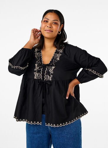 Zizzi Bluse med åpen front og broderte detaljer, Svart, Model image number 0