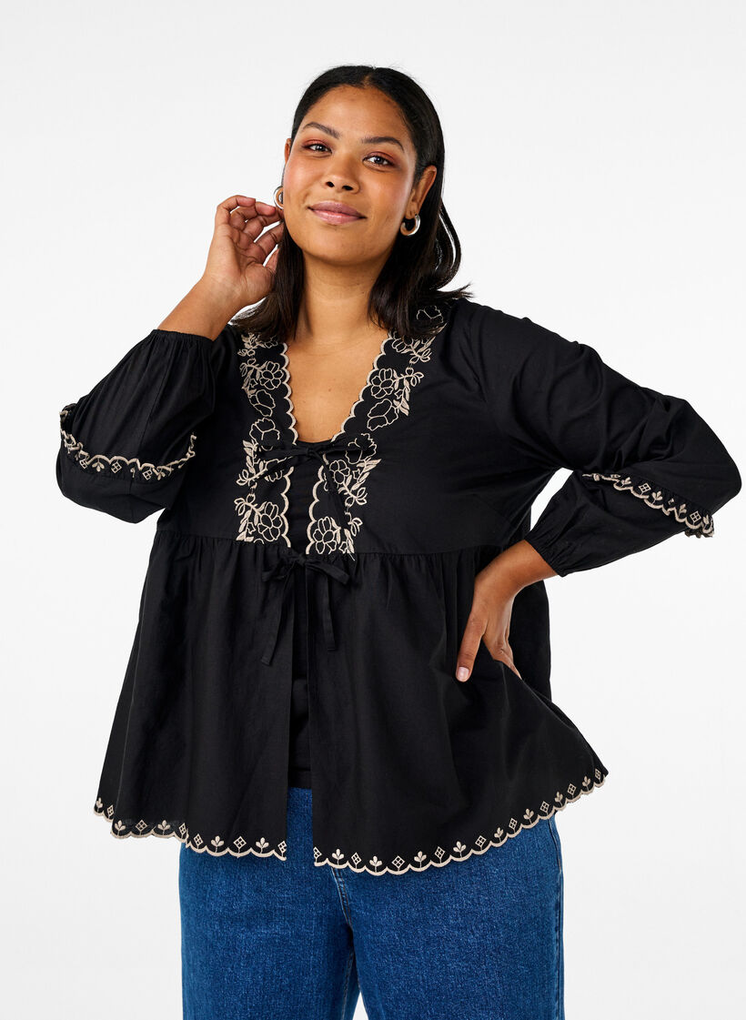 Bluse med åpen front og broderte detaljer, Svart, Model image number 0