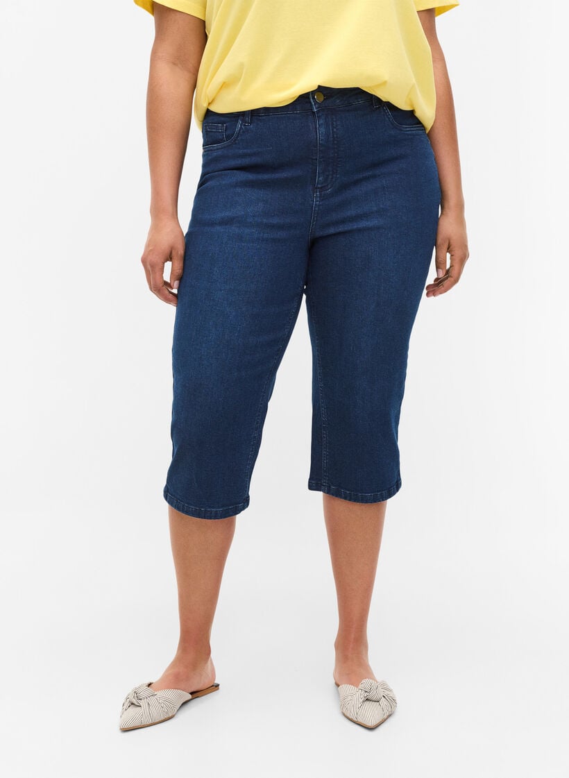 Tettsittende capribukser i denim og bomull, Dark blue denim, Model image number 2
