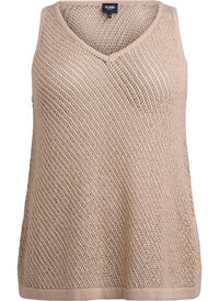 FLASH - Ermeløs strikket topp med v-hals, Beige FLASH - Ermeløs strikket topp med v-hals