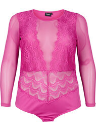 Bodystocking med blondekant og mesh, Fuchsia Red
