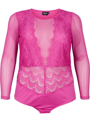 Bodystocking med blondekant og mesh, Fuchsia Red, Packshot image number 0