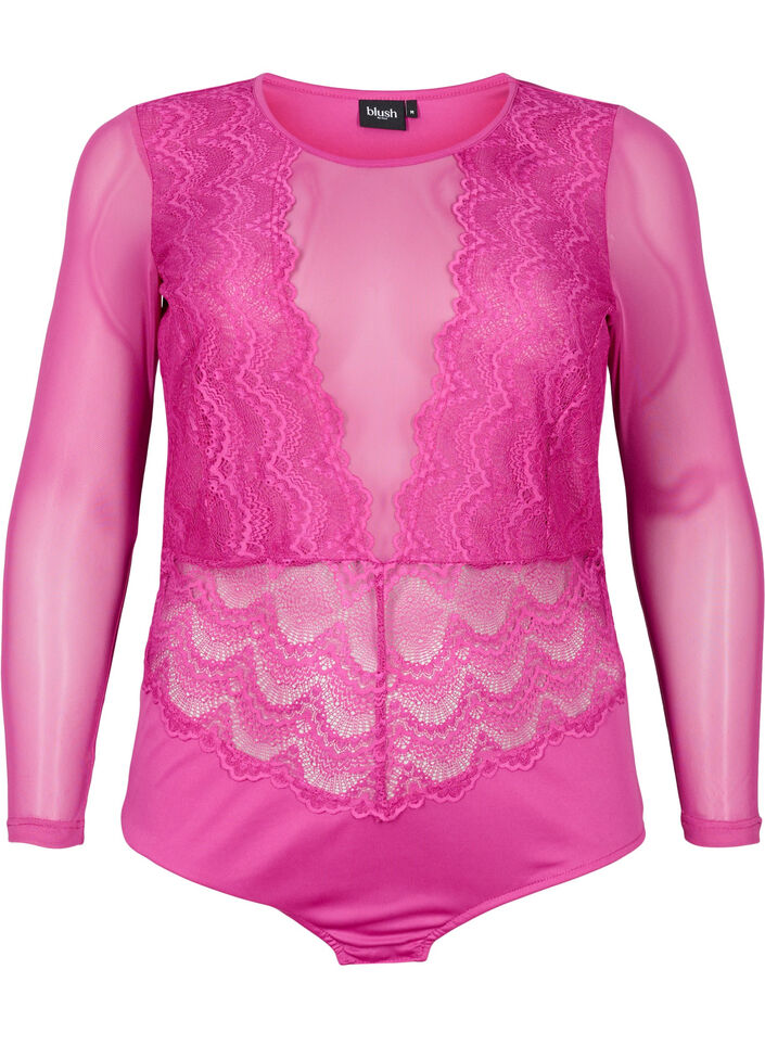 Bodystocking med blondekant og mesh, Fuchsia Red, Packshot image number 0