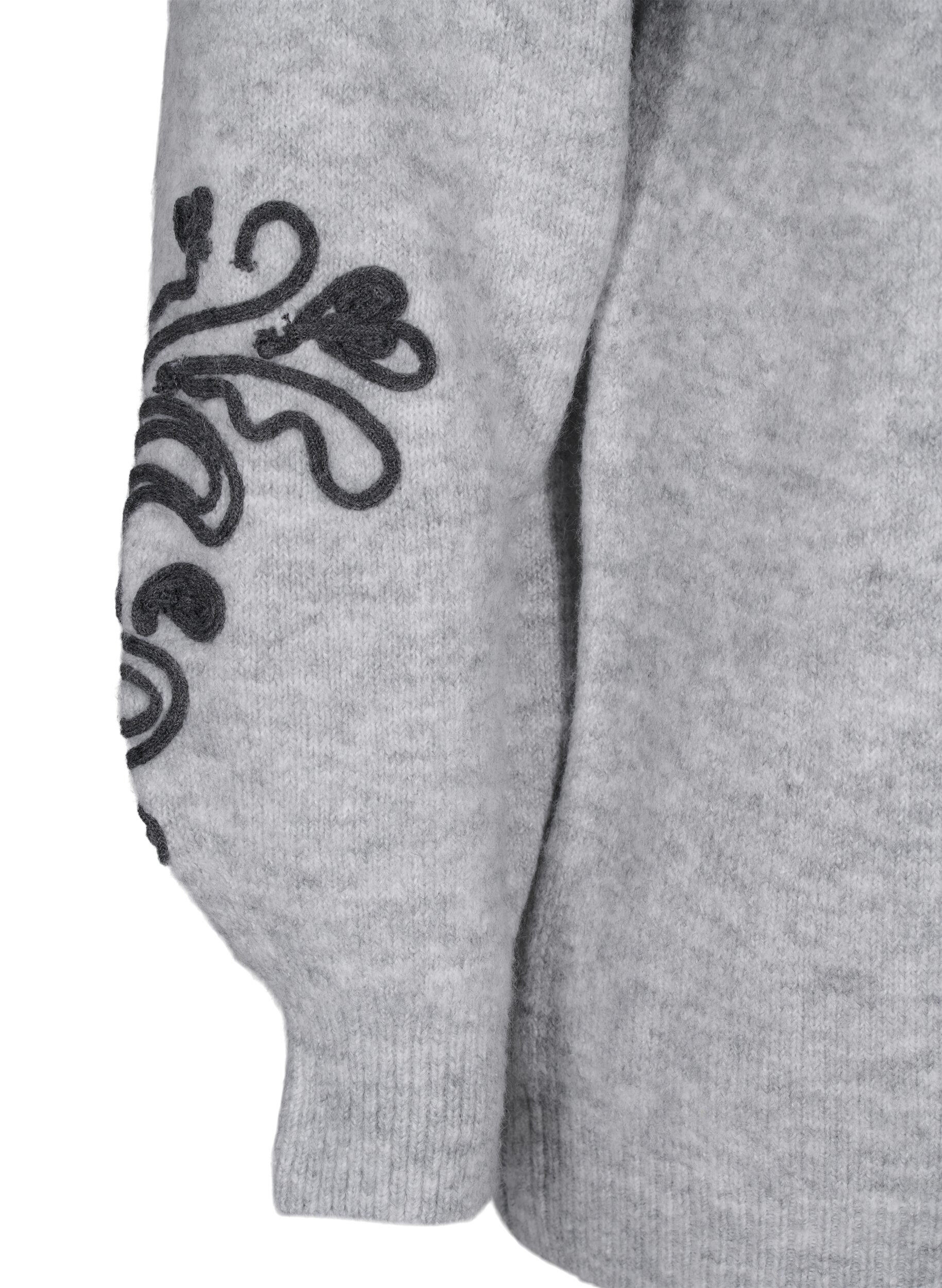 Zizzi Strikkegenser med dekorativt m&oslash;nster, Light Grey Melange, Packshot image number 3