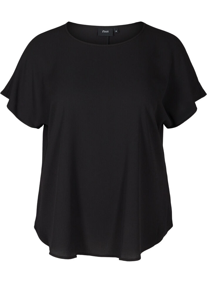 Kortermet bluse med rund hals, Svart, Packshot image number 0