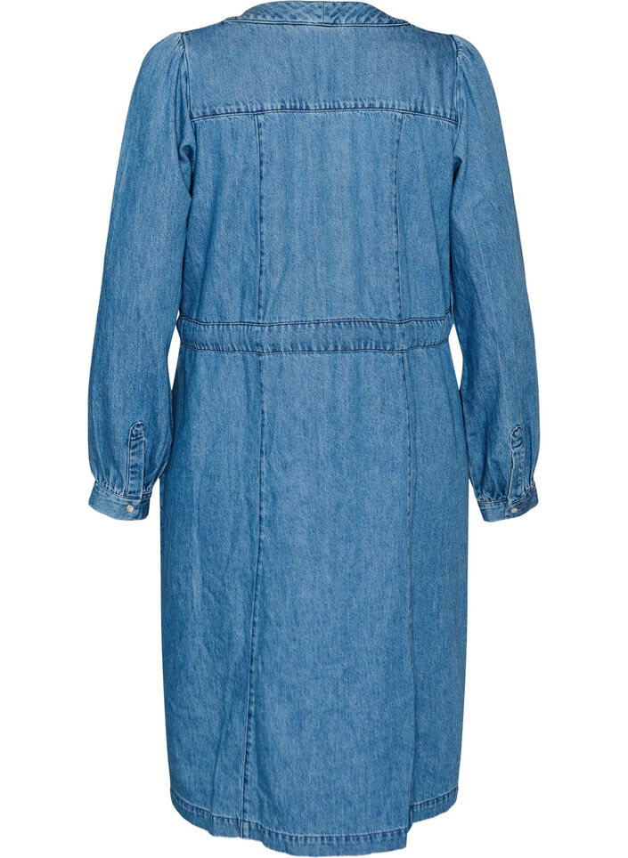 Denimkjole med V-hals og knytebelte, Bl&aring;, Packshot image number 1