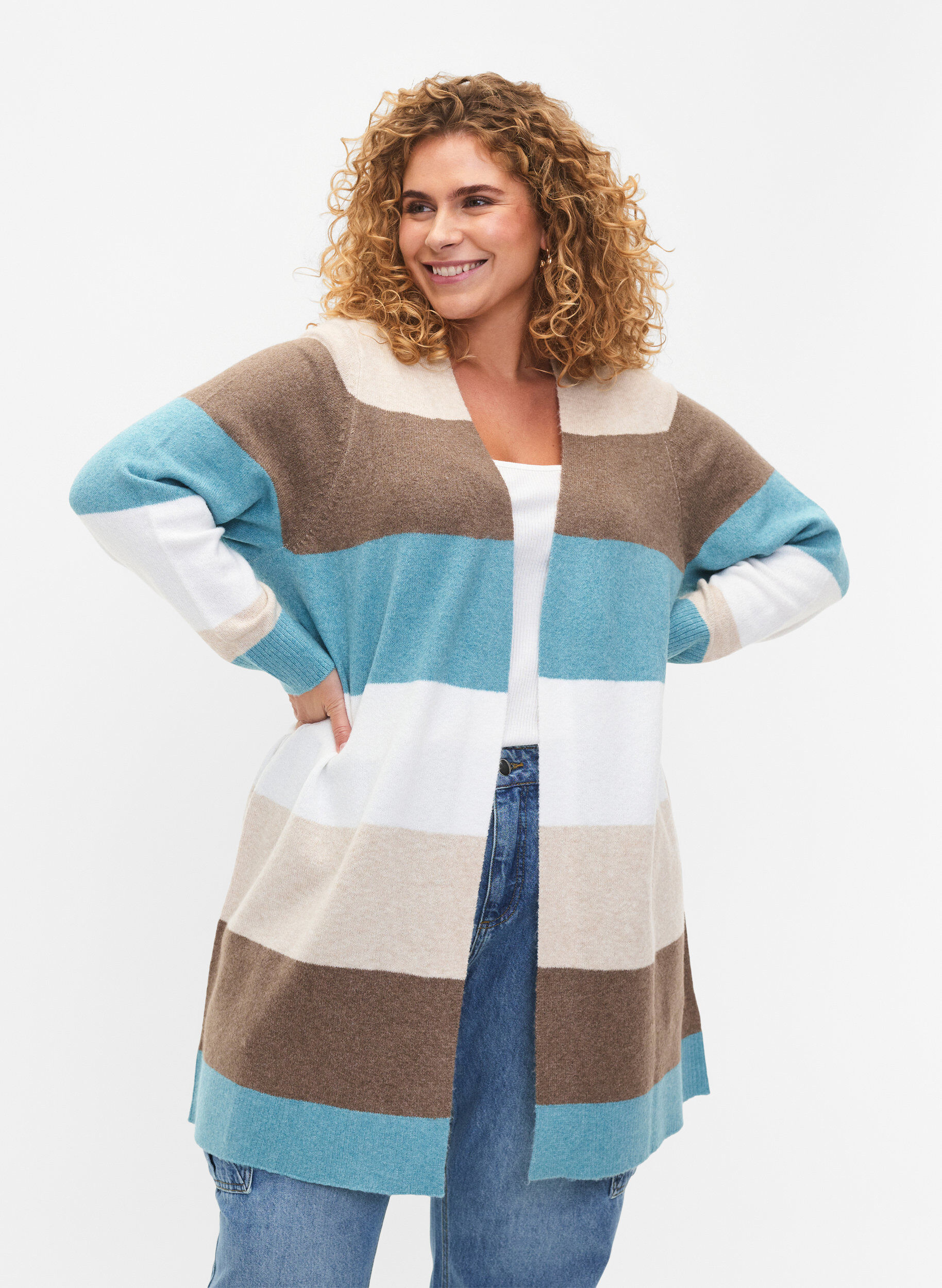 Zizzi Lang cardigan med &aring;pen front, Reef Waters Mel Comb, Model image number 0
