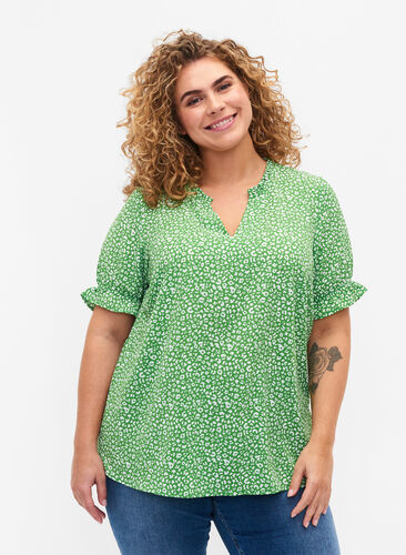 Kortærmet bluse med trykk (GRS), Green Ditsy, Model image number 0