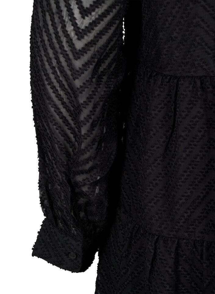 Kort, strukturmønstret kjole med volangkrage, Black, Packshot image number 3