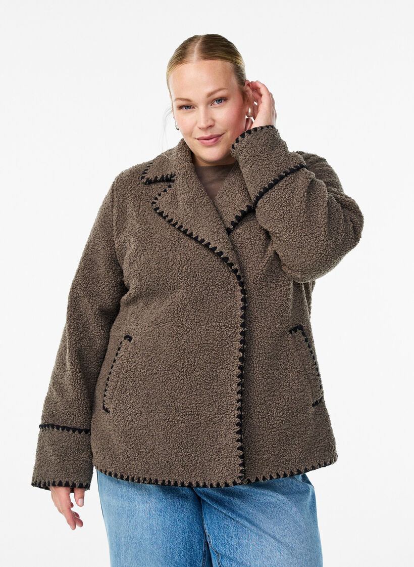 Teddyjakke med kontrastdetaljer, Brun, Model image number 0