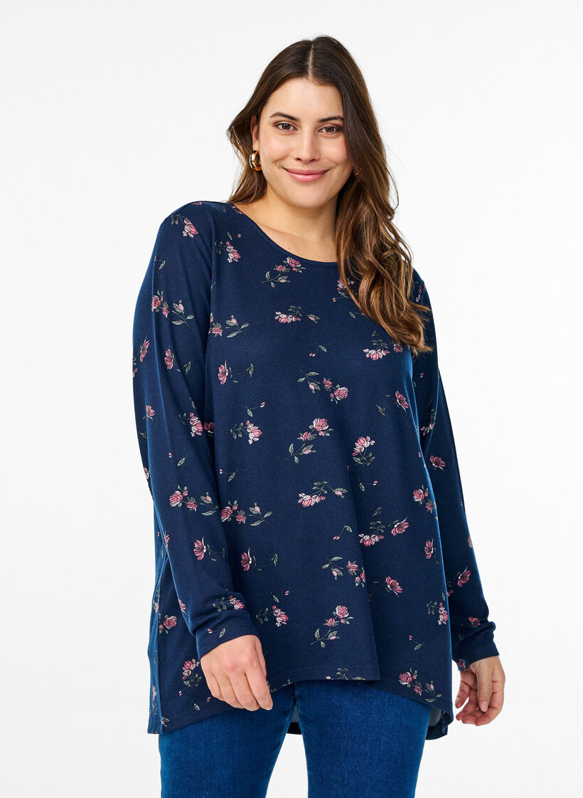 Blomstret bluse med lange ermer, Bl&aring;, Model image number 0