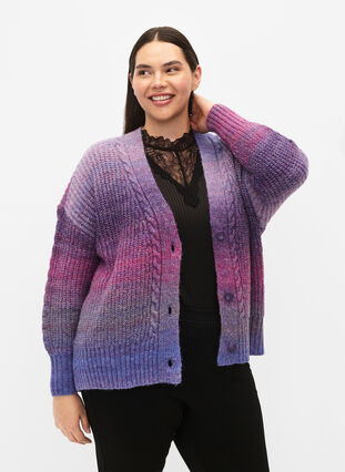 Zizzi Melange strikket cardigan med knapper, Pansy Mel. Comb, Model image number 0