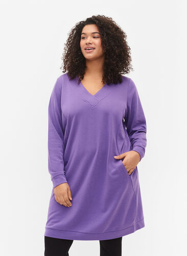 Kjole med V-hals, Deep Lavender, Model image number 0