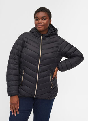 Lett jakke med quiltet mønster, hette og lommer, Black, Model image number 0